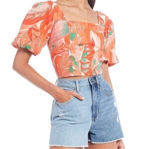 Gianni Bini Square Neck Tropical Print Smocked Cropped Shirt size Small nwot